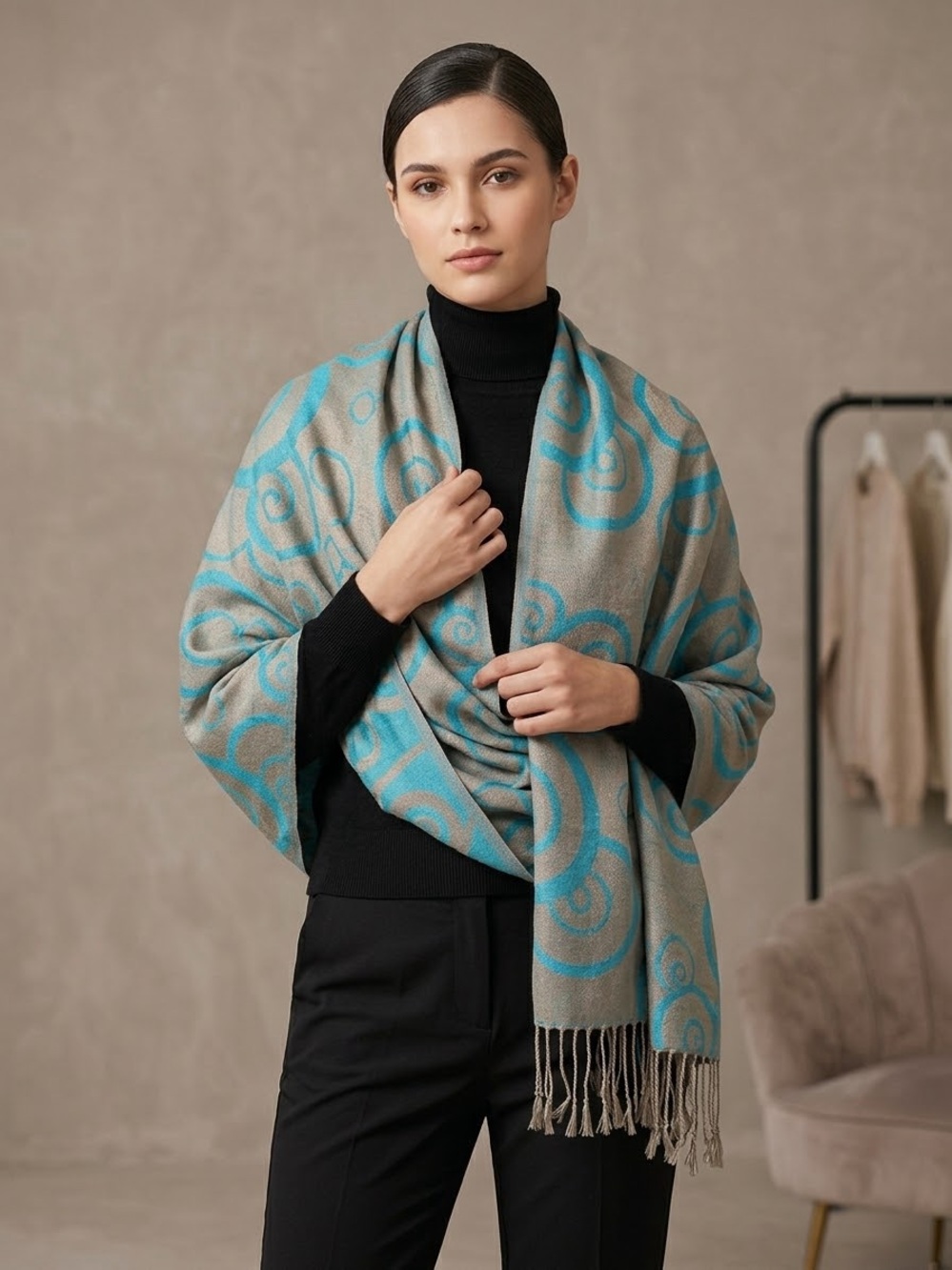 pashmina Silk Blend Turquoise Tan Swirl Fringe Throw fall